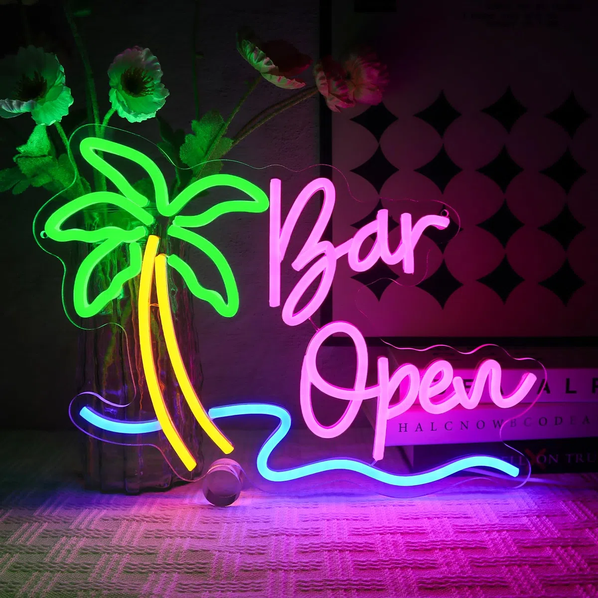 Enseigne Néon Bar Ouvert Panneau Néon Palmier Décoration Murale Lampe Néon USB LED Open Bar Bière Club