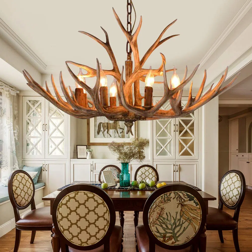 Lustre en bois de cerf en résine - Plafonnier décoratif - Lampe suspendue - Chandelier - Décoration intérieure rustique - Éclairage en bois de cerf - Corne de cerf - 6 têtes - 220V