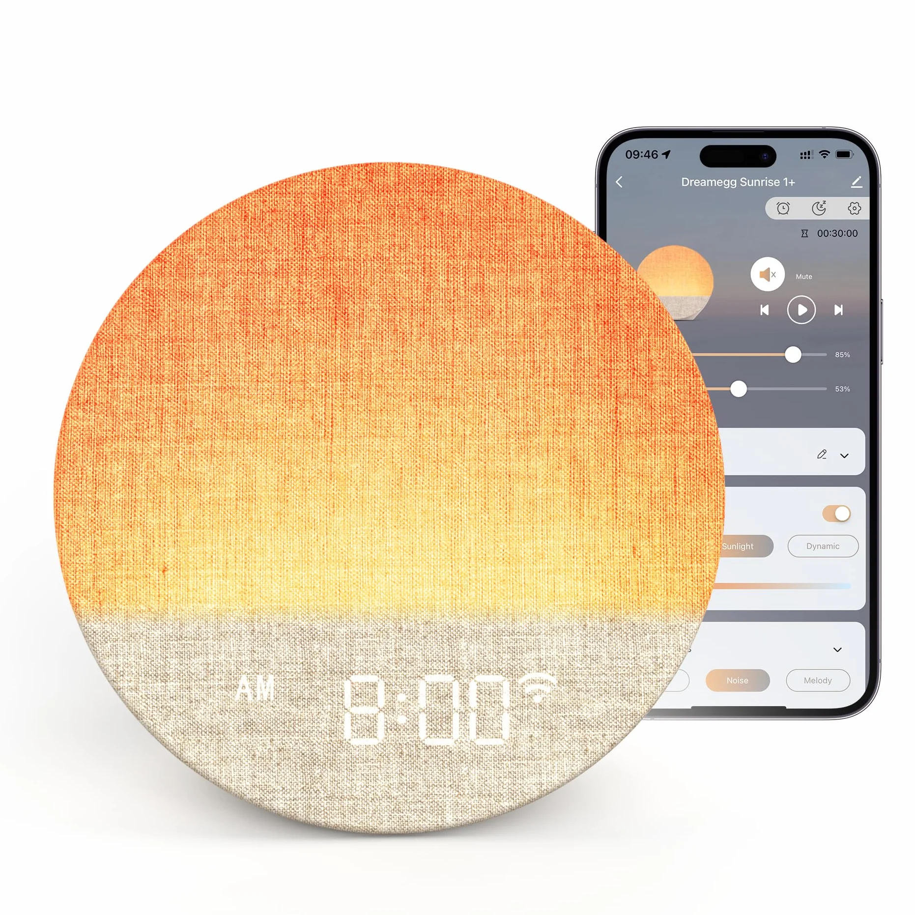 Dreamegg Réveil Simulateur d'Aube avec Contrôle par App, 34 Sons Apaisants, 12 Modes d'éclairage, Lampe de Chevet