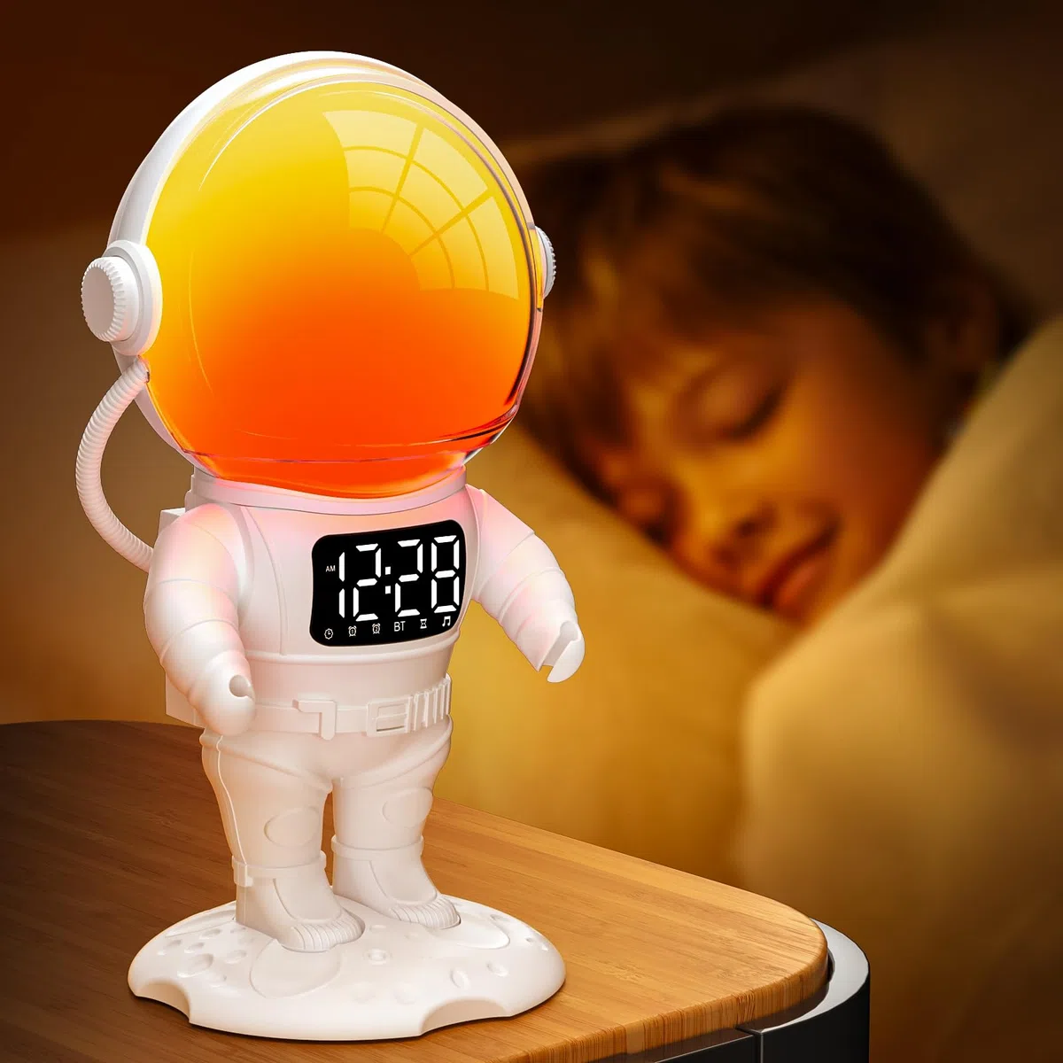 AFEXOA Réveil Enfant, Lampe de Réveil avec 7 Sonneries, Snooze, 21 Sons Apaisants, Minuterie, Enceinte Bluetooth, Lampe de Chevet Multicolore