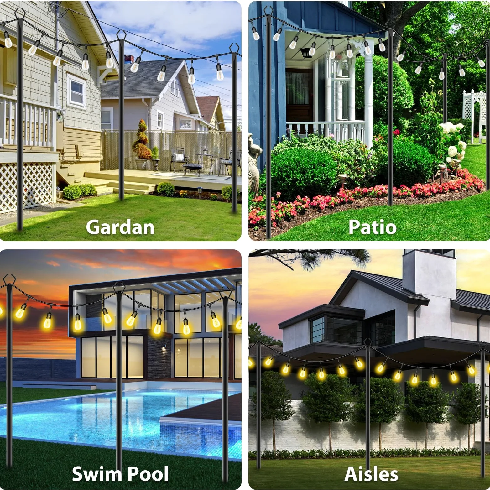 Lot de 4 poteaux lumineux 3 m éclairage extérieur avec supports clôture métal terrasse jardin