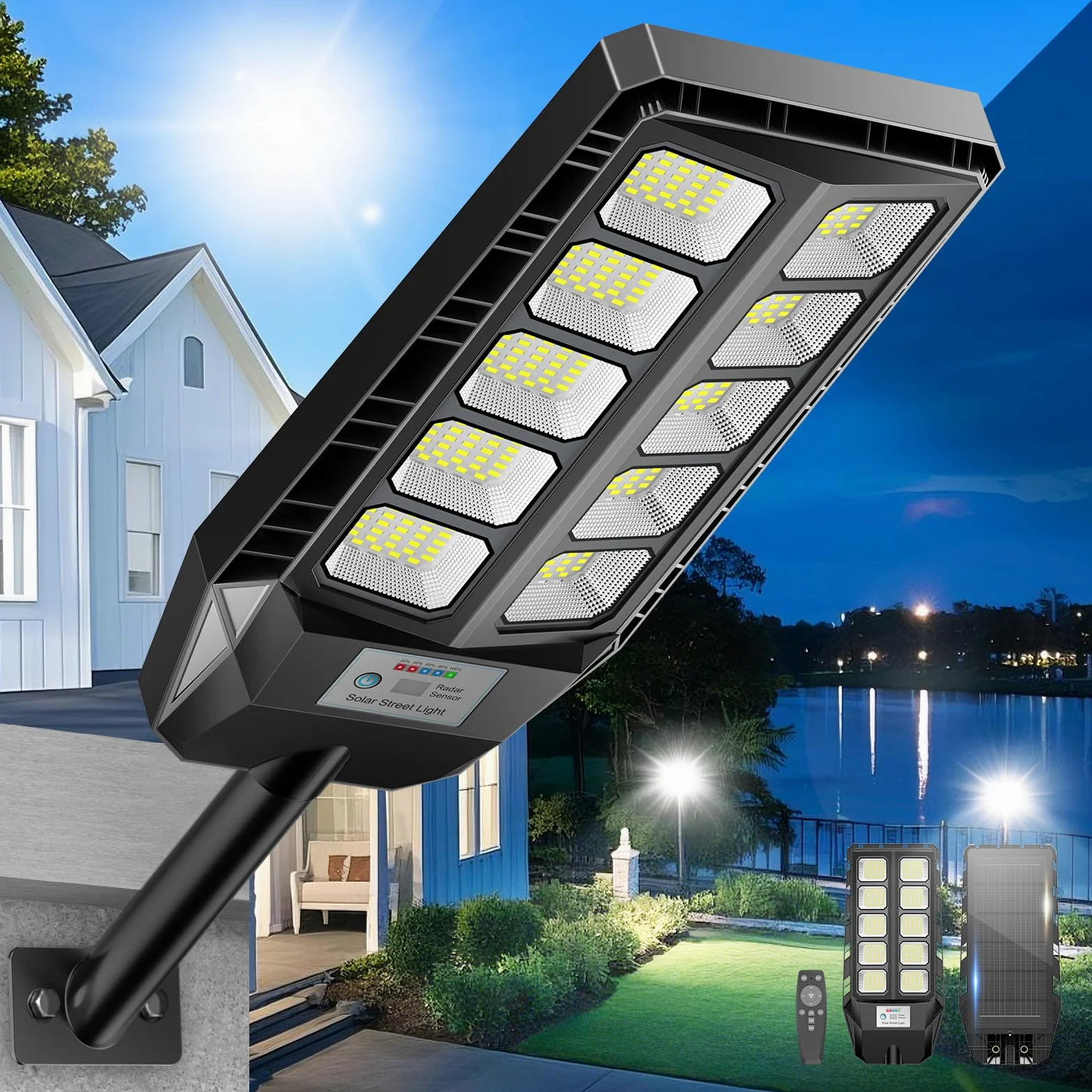 Adewalk 600W lampadaire solaire extérieure IP66 avec télécommande et capteur de mouvement 6500K LED