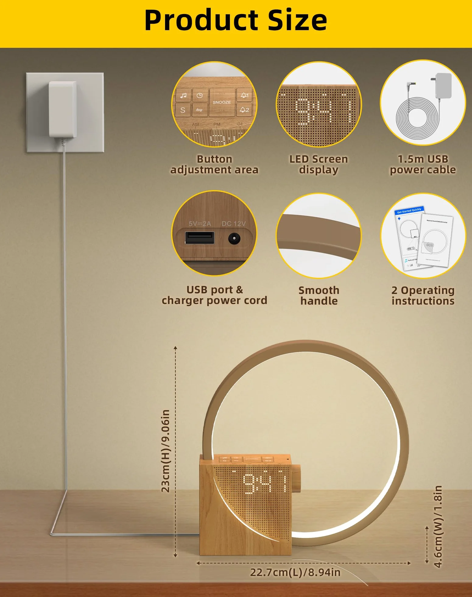 Lampe de Chevet LED avec Réveil, Wake up Light, USB, 3 Modes d'Éclairage, 10 Sons Naturels, Bois