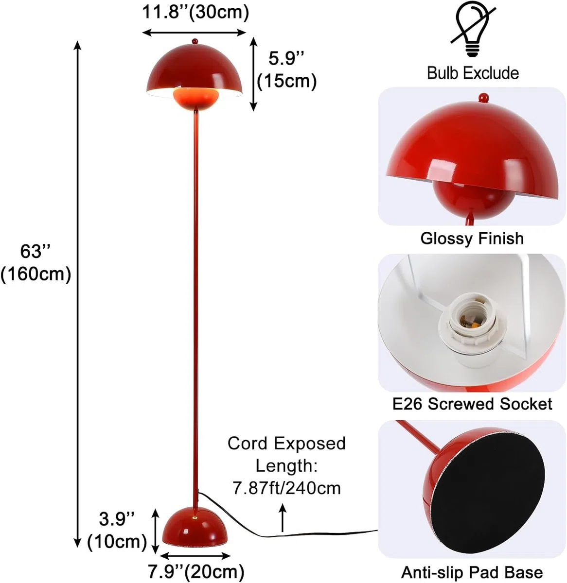 Lampadaire en Acier Style Scandinave Rétro avec Abat-jour Bombé, Douille E27, Interrupteur au Pied, Rouge