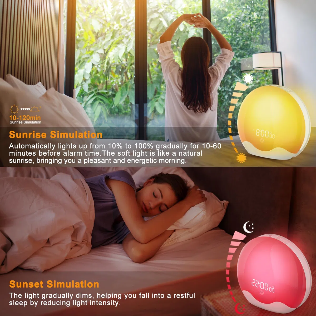 Lampes de Réveil, Réveil Lumineux Simulateur d'Aube avec Écran Tactile, 20 Niveaux de Luminosité, 12 Modes Couleur, Radio FM