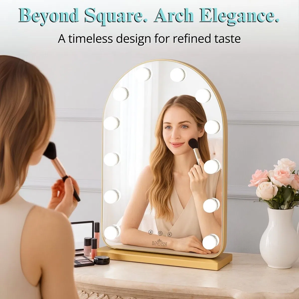 LUXFURNI Miroir à langer avec lumières, miroir de maquillage Hollywood arqué, 12 ampoules réglables, contrôle tactile, 3 modes d'éclairage