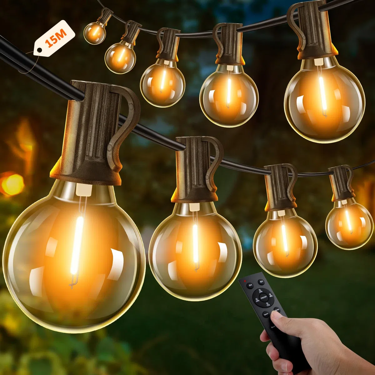 Guirlande Lumineuse Exterieure 15M avec Télécommande, 25+2 G40 LED Ampoules Dimmable Étanche pour Patio Terrasse Fête Mariage (Blanc Chaud)