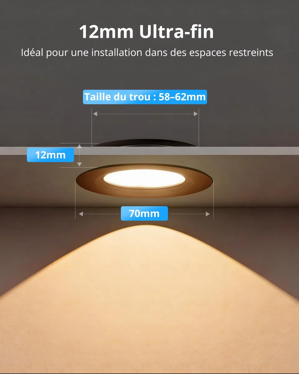 Gr4tec Spot LED Encastrable 12V Noir, 3W Plafond Dimmable 3000K Blanc Chaud 240LM, Alu Spots Encastrable Extra Plat 12mm, Trou 58-62mm, IP44 Spot Encastré pour Camping-car Caravane Bateau, Lot de 6