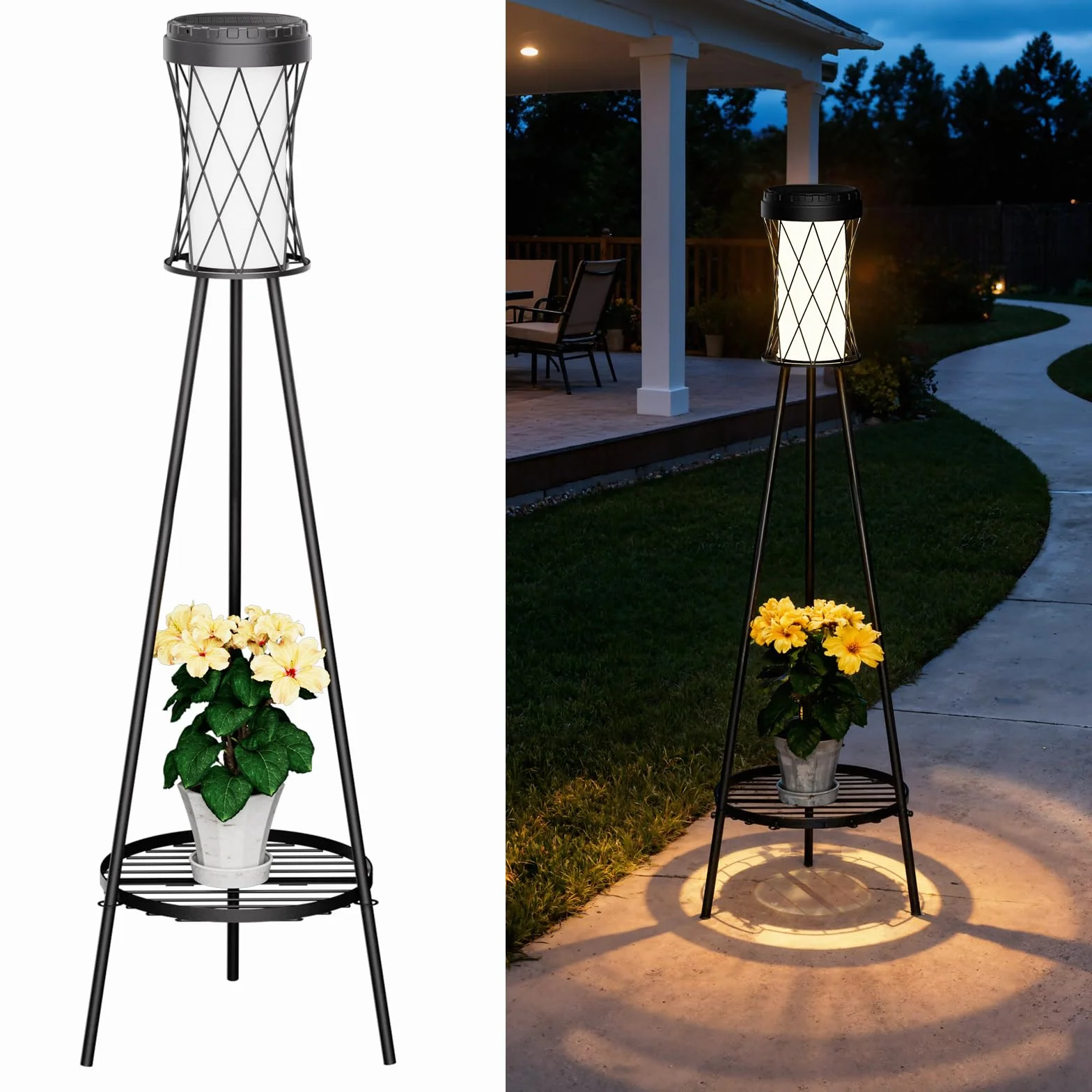 OUSFOT Lampe Solaire Exterieur avec USB sur Pied, Étanche Eclairage Exterieur Solaire, lampadaire pour Terrasse Jardin