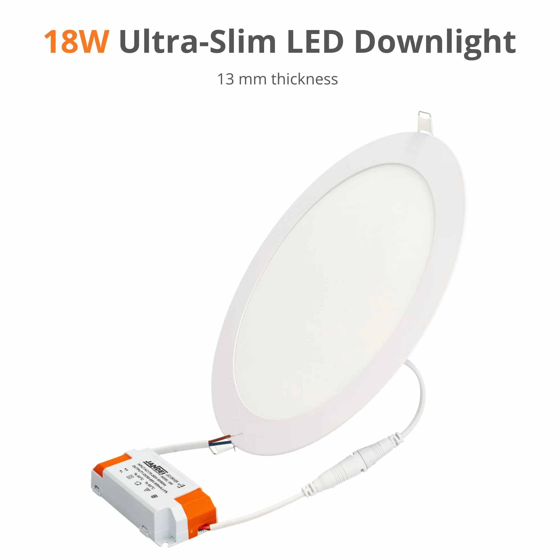 JANDEI – Lot de 6 Spots Led encastrables ronds, 18 W, 1500 lumens, extra-plats 13 mm, trou de fixation Ø 200-205 mm, blanc chaud 3000 K, avec transformateurs inclus